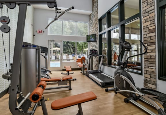 Fitness center showing the cardio and weight machines at Governor's Park, Colorado, 80525